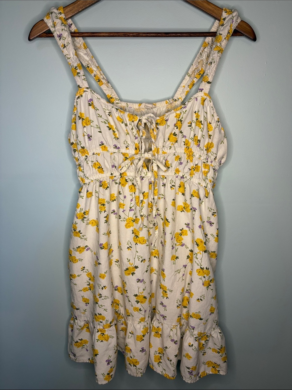 White Linen Blend Floral Mini Sundress with Keyhole and Pockets